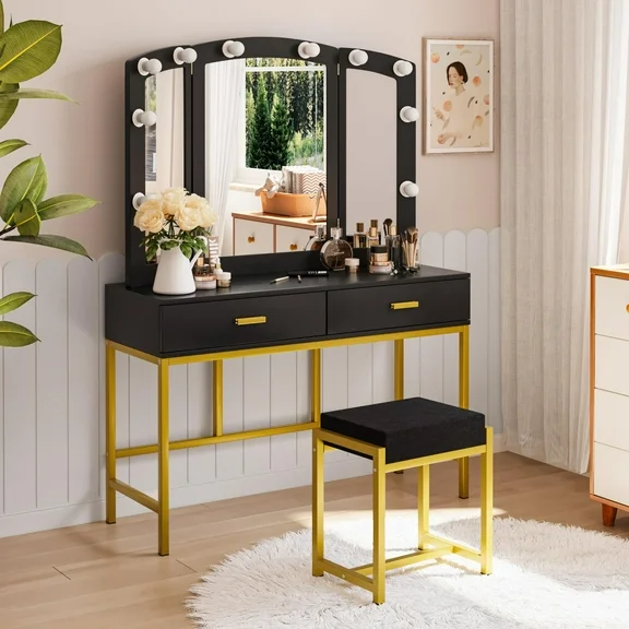 Semiocthome Vanity Table with 10 Led Lights, Makeup Desk with Lighted Mirror,Modern Dresser for Bedroom Black Finish