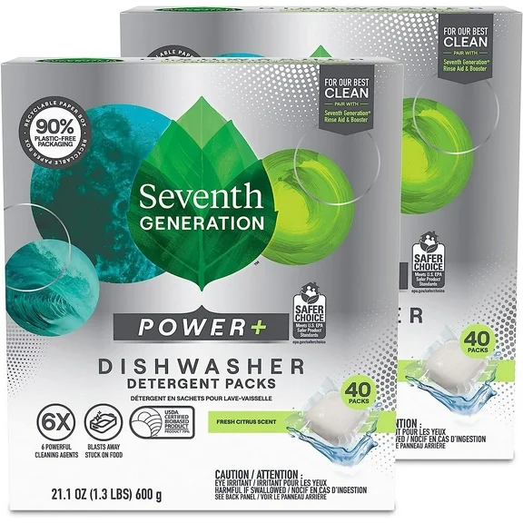 Seventh Generation Power+ Dishwasher Detergent Packs for Sparkling Dishes Fresh Citrus Scent Dishwasher Tabs 43 Count, Pack of 2 Packaging May Vary