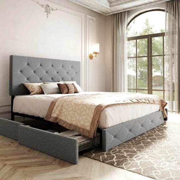 Sifurni Light Grey Queen Platform Bed Frame with 4 Drawers Storage and Diamond Stitched Button Tufted Upholstered Headboard