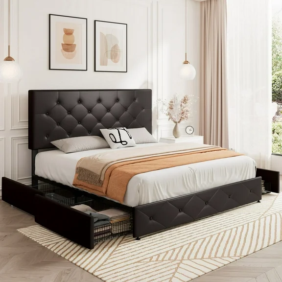 Sifurni Queen Size Upholstered Faux Leather Platform Bed Frame with 4 Drawers, Diamond Stitched Button Tufted, Black-brown