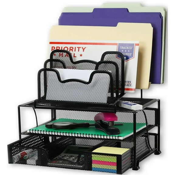 Simple Houseware Mesh Desk Organizer with Sliding Drawer, Double Tray and 5 Stacking Sorter Sections, Black
