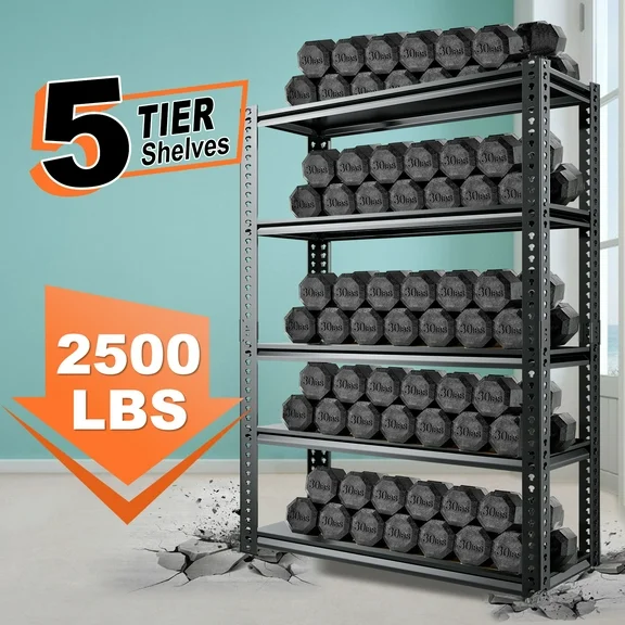 Slsy 2500 lbs 5 Tier Garage Shelves, Heavy Duty Storage Shelves for Garage, Metal Shelf Rack with Adjustable Shelves Metal Rack, 47.2" W x 17" D x 72" H, Black