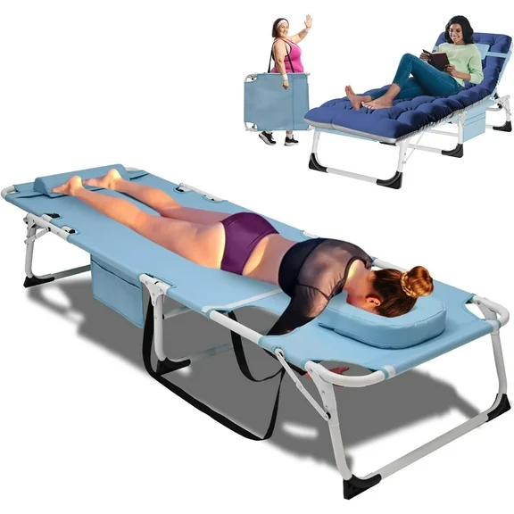 Slsy 3in1 Sun Tanning Chair with Mattress, Heavy Duty Summer Lounger Chair with Face Arm Hole, Adjustable, Removable Pillow & Carry Handle, Sunbathing Chair for Patio, Poolside, Lawn, Beach