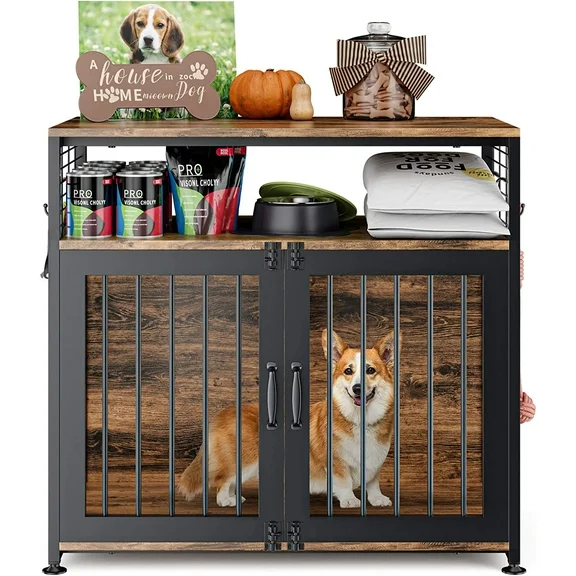 Slsy Dog Crate Furniture, 33'' Wooden Dog Crate for Medium/Small Dogs, Heavy Duty Dog Kennels with Double Doors, Dog Crate with Storage Side End Table (33''L x 18.5''W x 31''H)