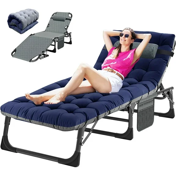 Slsy Folding Camping Cot with 2 Sided Cushion & Headrest for Adults & Kids, Adjustable 5-Position Folding Lounge Chair, Folding Sleeping Cots Guest Bed
