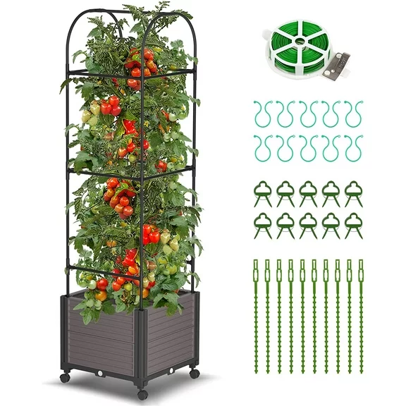 Slsy Raised Garden Bed Planter Box with Wheels, Tomato Cage Planter Raised Garden Bed with Trellis for Climbing Vegetables Plants Tomato Cage, Indoor Outdoor Use