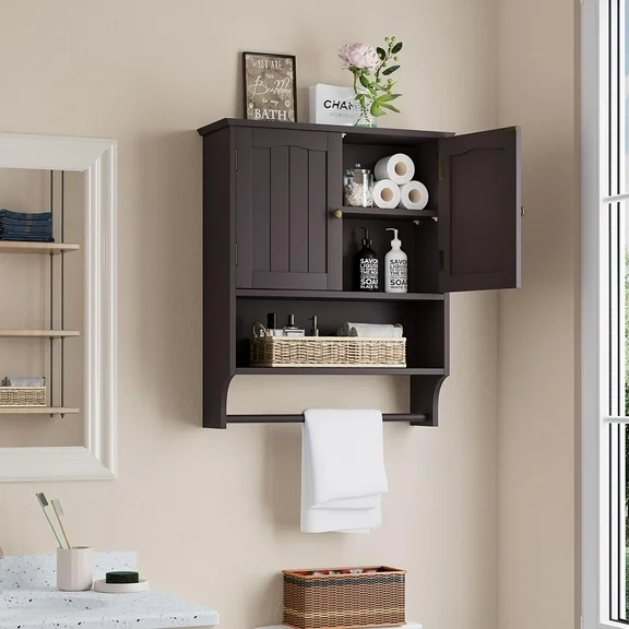 Smuxee Bathroom Storage Cabinets with Doors and Shelves,Towel Bar,over The Toilet Storage,Brown Big