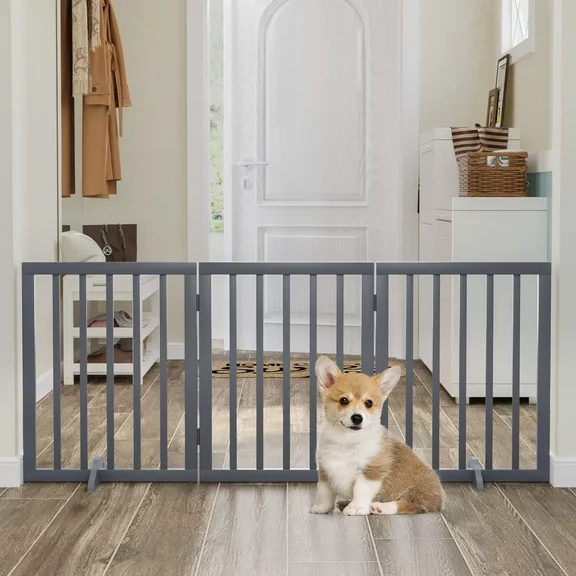 Smuxee Freestanding Dog Gate Foldable Pet Fence with Support Feet, Gray, 3 Panel