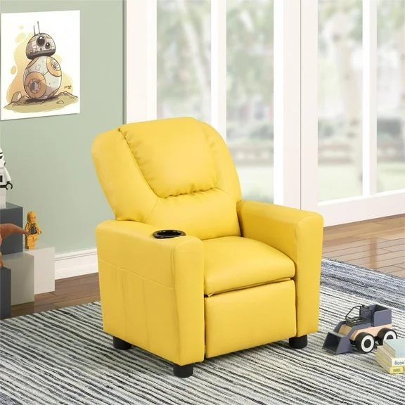 Smuxee Leather Kids Recliner with Cup Holder,Kids Toddler Game Chairs Sofa for Boys or Girls,Yellow