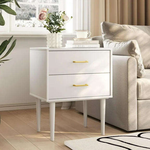Smuxee White Nightstand with 2 Drawers Modern Bedside Table for Bedroom, Adult
