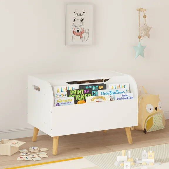 Smuxee Wood Kids Toy Storage Organizer with Child Bookshelf,Toy Box Bench for Girls and Boys,White