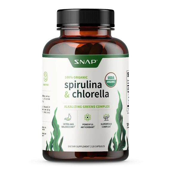 Snap Supplements Spirulina & Chlorella - Organic Heart Support & Natural Energy, 120 Capsules