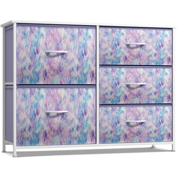 Sorbus Dresser with 5 Drawers - Furniture Storage Chest for Kid’s, Teens, Bedroom, Nursery, Playroom, Clothes, Toys - Steel Frame, Wood Top, Tie-dye Fabric Bins (Blue/Pink/Purple)