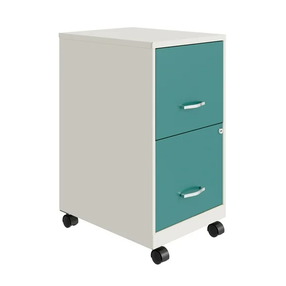 Space Solutions 18" Deep 2 Drawer Mobile Letter Width Vertical File Cabinet, White/Teal