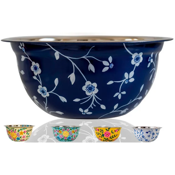 Spices Home Decor - Decorative Hand-Painted Floral Stainless Steel Blue Bowl