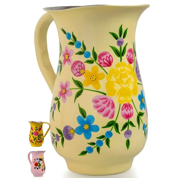 Spices Home Decor - Decorative Hand-Painted Floral Stainless Steel Cream Water Pitcher - 1 Quart
