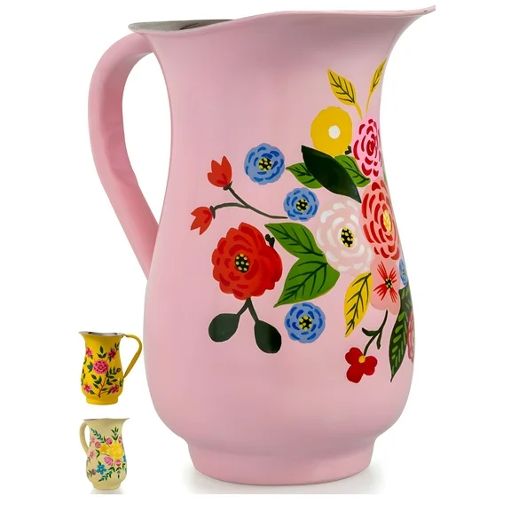 Spices Home Decor - Decorative Hand-Painted Floral Stainless Steel Pink Water Pitcher