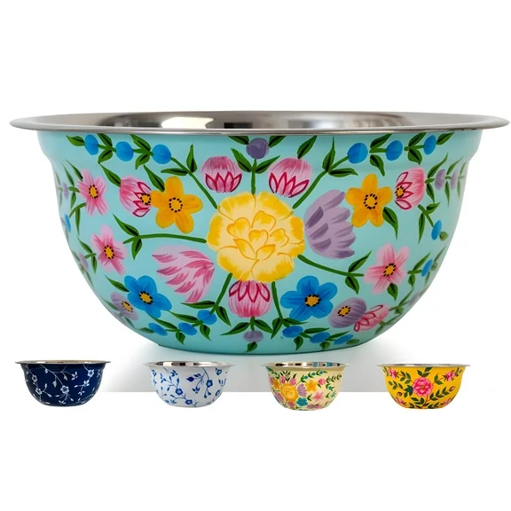 Spices Home Decor - Decorative Hand-Painted Floral Stainless Steel Turquoise Bowl
