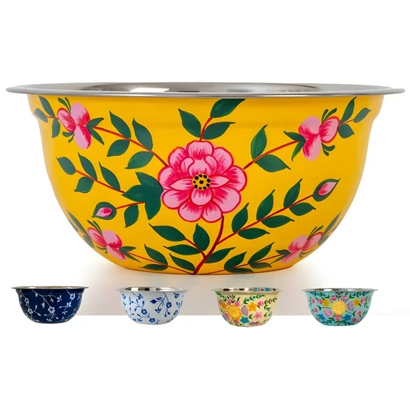 Spices Home Decor - Decorative Hand-Painted Floral Stainless Steel Yellow Bowl