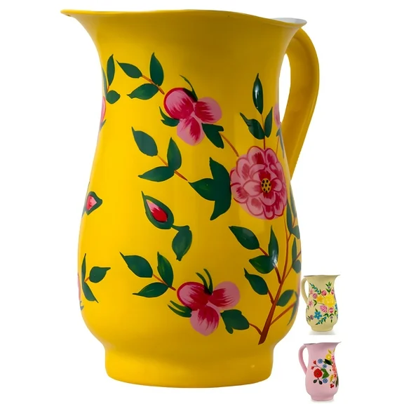 Spices Home Decor - Decorative Hand-Painted Floral Stainless Steel Yellow Water Pitcher - 1 Quart