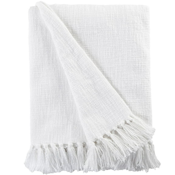 Sticky Toffee Cotton Throw Blanket for Couch, 60x50 in, White Boho Woven Throw with Fringe, Textured Decorative Blankets