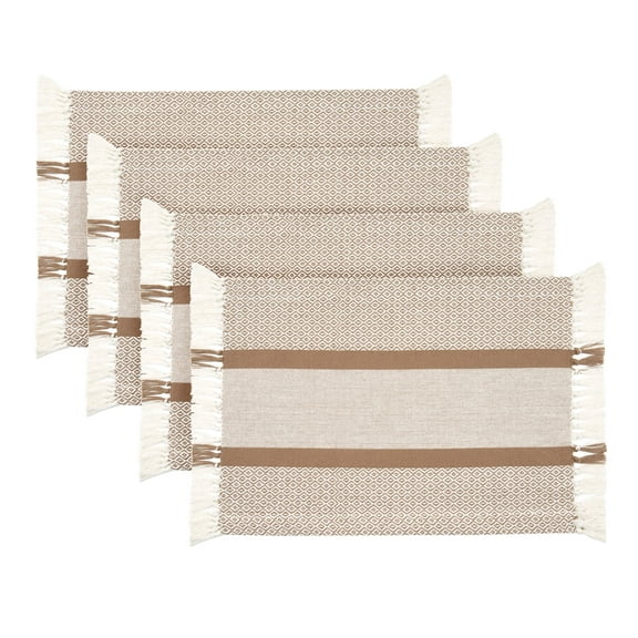 Sticky Toffee Cotton Woven Placemat Set with Fringe, Traditional Diamond, 4 Pack, Tan, 14 in x 19 in