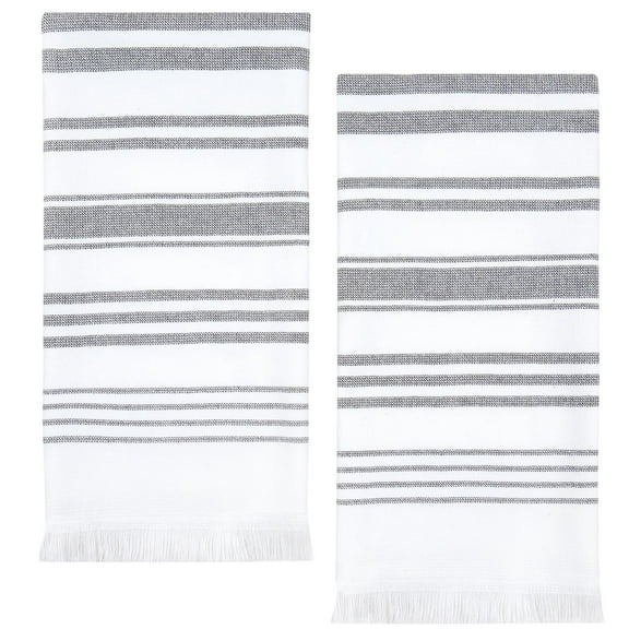 Sticky Toffee Hand Towels for Bathroom Set of 2, 100% Cotton, 28x16 in, Turkish White Soft Decorative, Gray Striped Towels