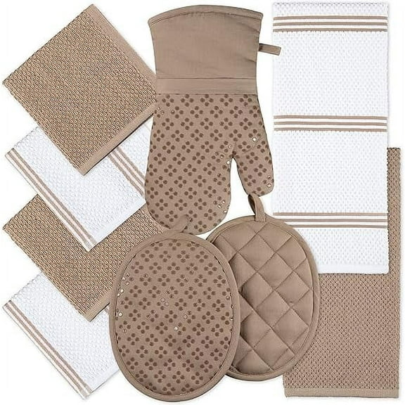 Sticky Toffee Kitchen Towels Dishcloths Oven Mitts and Pot Holders Set of 9, 100% Cotton Terry, Non-Slip Silicone, Tan