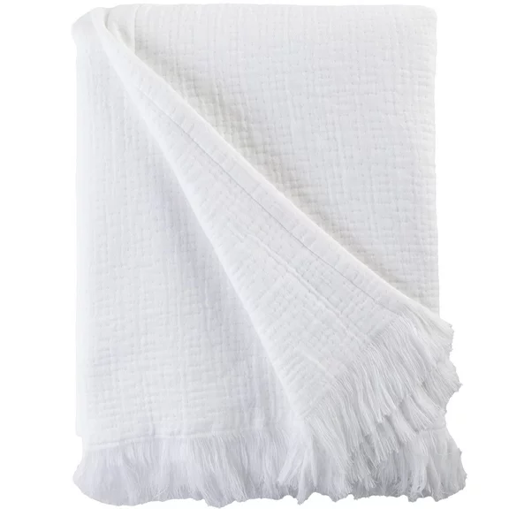 Sticky Toffee Muslin Throw Blanket for Adults, 100% Cotton, 60x50 in, Soft Lightweight and Breathable Throw for Couch, White