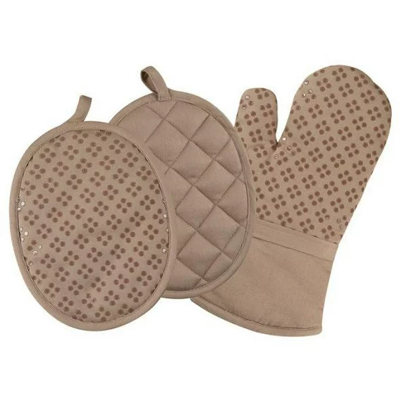 Sticky Toffee Oven Mitt and Pot Holders Cotton Set of 3, Silicone Non-Slip Kitchen Set, Tan