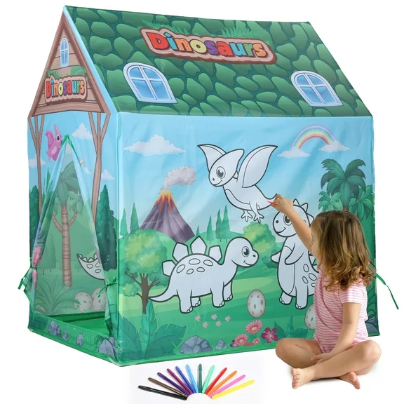 Super Joy DIY Dinosaurs Tent for Kids, Washable DIY Graffiti Tent with 12 Color Pens for Indoor Outdoor Kids Playhouse Birthday Christmas Gift
