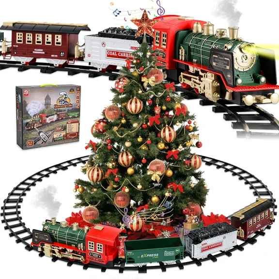 Super Joy Rechargeable Electric Train Set Remote Control Christmas Train Toys with Steam Locomotive Engine, Sound & Light, Birthday Christmas Gift Toys for Age 3+ Kids