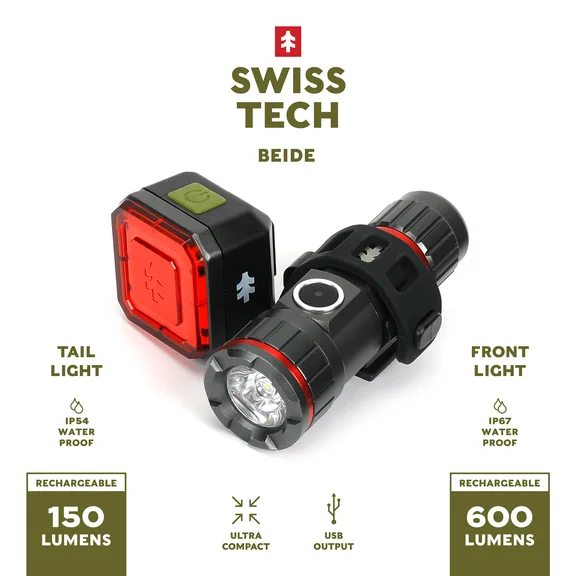 Swiss Tech Bike Rechargeable Front Light and Tail Light Combo, Front Light: 600 Lumens, IP67 Water Proof, Tail Light: 150 Lumens, IP54 Weather Proof, Bicycle