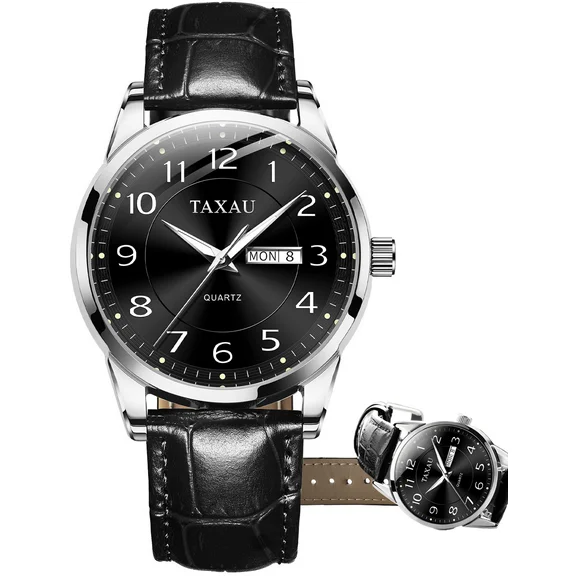 TAXAU Black Watches For Men Fashion Black Leather Band Mens Watches Black Face Watches Men Day Date Watches Mens Analog Quartz Watches Waterproof Watches Watches For Men Easy Read Watches
