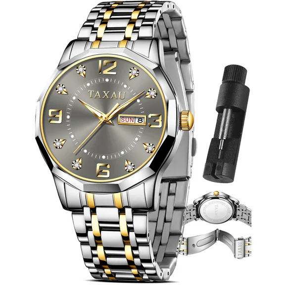 TAXAU Classic Grey Dial Watches For Men Gold Sliver Stainless Steel Band Mens Watches Diamond Watches Men Calendar Watches Day Date Watches Waterproof Men's Watches Fashion Men Watches Luxury Watches