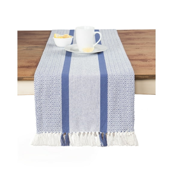 Table Runner Cotton Farmhouse Boho 14x72 in, Table Décor for Kitchen or Dining, Blue Cloth Woven Striped Table Runners