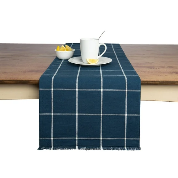 Table Runner Cotton Farmhouse Plaid 14 in x 72 in, Table Décor for Kitchen or Dining, Navy Blue Cloth Woven Table Runners, Oeko-Tex Cotton