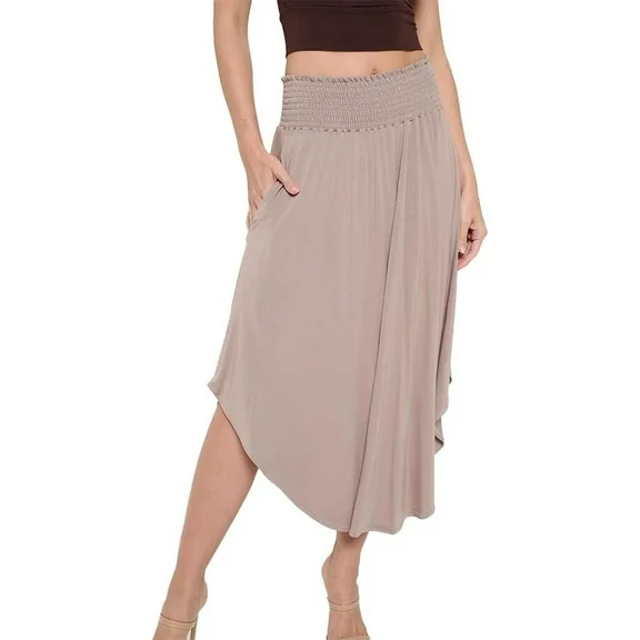 Taupe Large Size Women's Plain Rayon Modal Smocking Flair Bell Bottom Skirt 2023 Trend for Casual and Daily Dresses