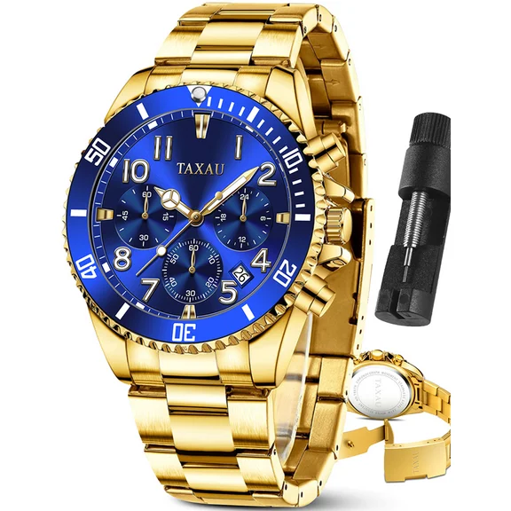 Taxau Gold Stainless Steel Watches for Men Watch Men Big Blue Face Luxury Watches for Men Quartz Reloj para Hombr