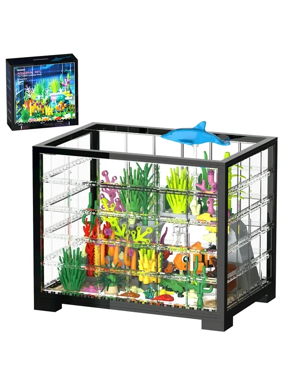 Tenhorses Fish Tank Building Sets with Light Kit, Aquarium Includes Treasure Chest Dolphin Jellyfish Starfish. Creative Ideas Gift for Adults Boys Girls Kids 8+ (533PCS)