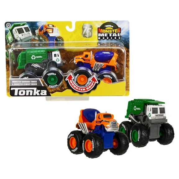 Tonka Monster Metal Movers Combo Pack - City Service (Garbage Truck & Cement Mixer) - 3" Tall, Super Grip Tires, Durable Toy Monster Trucks, Great Gift, Kids Ages 3+