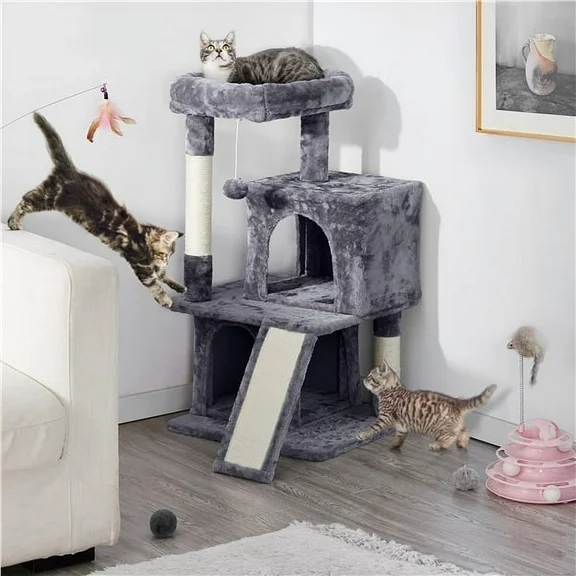 Topeakmart 36'' H Cat Tree Tower with Double Condos Scratching Posts, Dark Gray