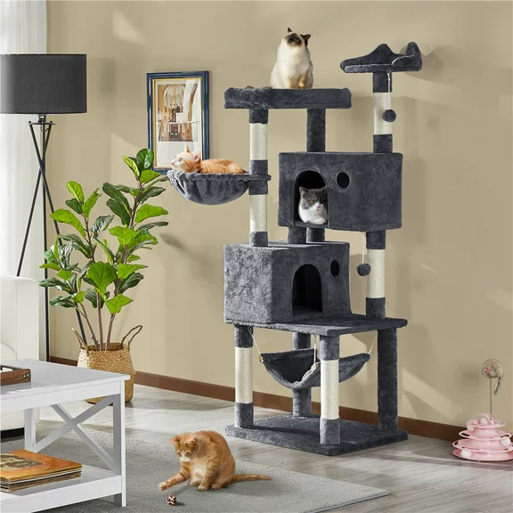 Topeakmart 64.5in Multi-level Large Cat Tree Condo Tower with Hammock Scratching Posts & Hammock, Dark Gray