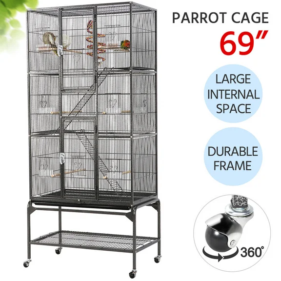 Topeakmart 69''H Extra Large Rolling Metal Parrot Cage Small Animal Cage with Detachable Stand and Ladders, Black