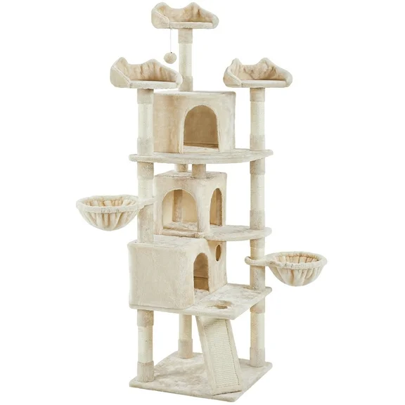 Topeakmart 76.5" H Multilevel Large Cat Tree Scratching Post Tower with 3 Condos & 2 Baskets, Beige