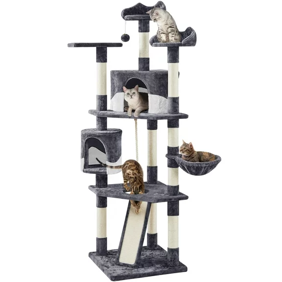 Topeakmart 79'' Multilevel Cat Tree with Basket Scratching Posts Ramp, Dark Gray & White