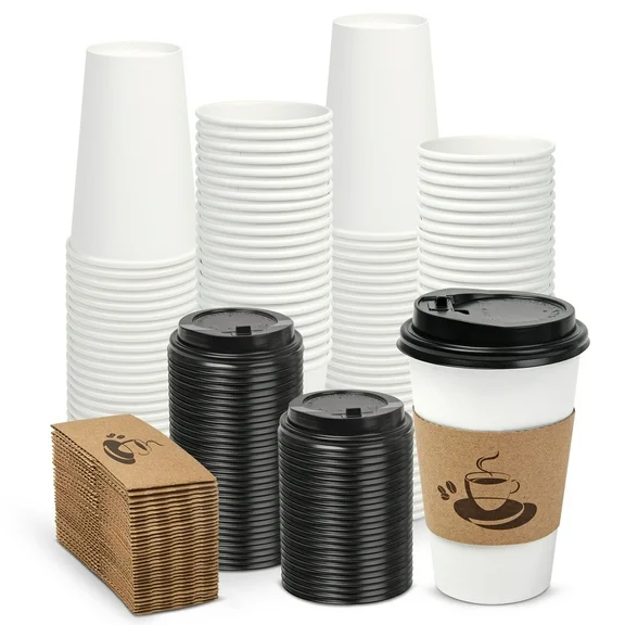 Treamon Disposable To Go Paper Hot Cups with Lids, Sleeve, 16 oz, 50 Count, Insulated