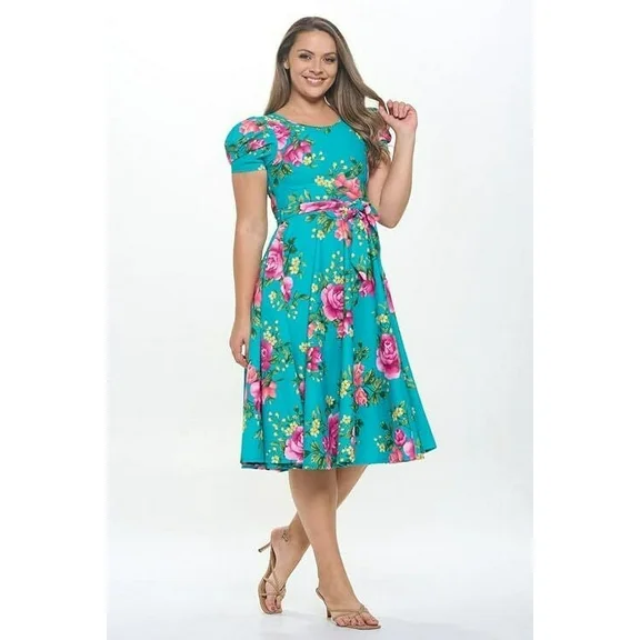 Turquoise Fuchsia 1X-2X Plus Size Women's Short Puff Sleeve Midi Floral Cocktail Flare Tea Party, Formal and Casual Dresses