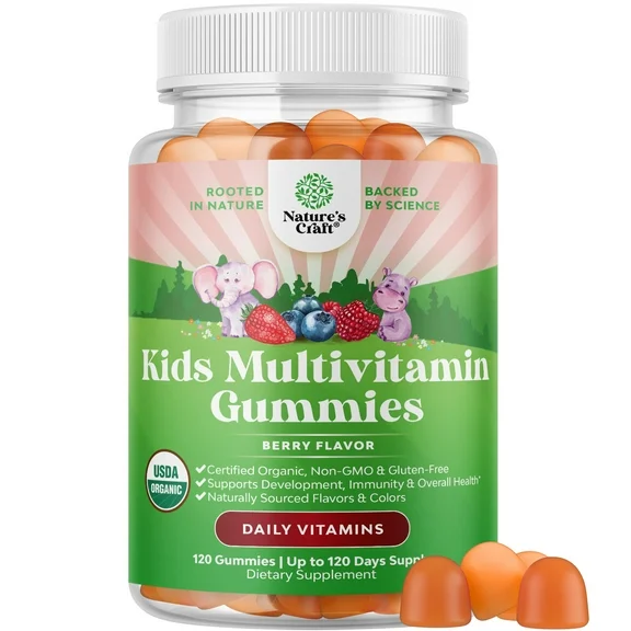 USDA Organic Kids Multivitamin Gummies - Vegan Organic Multivitamin for Kids 2+ with 14 Essential Vitamins & Minerals - Daily Kids Gummy Multivitamins - Vegan Kosher Nut Free & Non-GMO (120 Count)