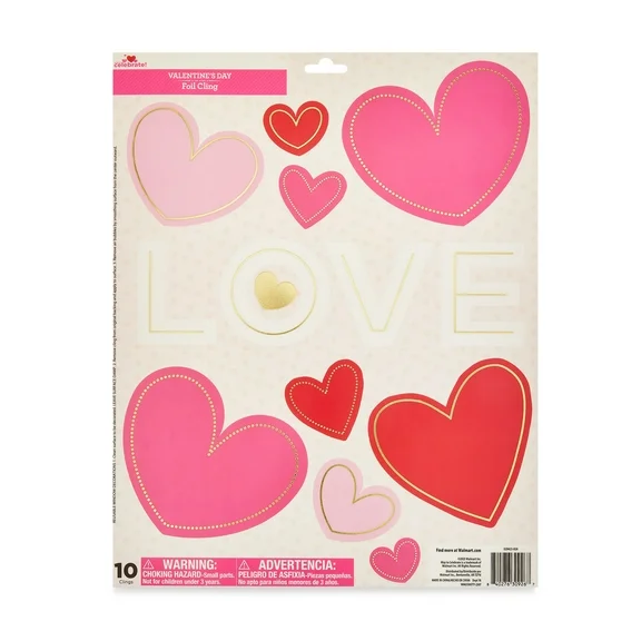 Valentine's Day Foil Love Hearts Cling Decorations, 10 Pieces, by Way To Celebrate